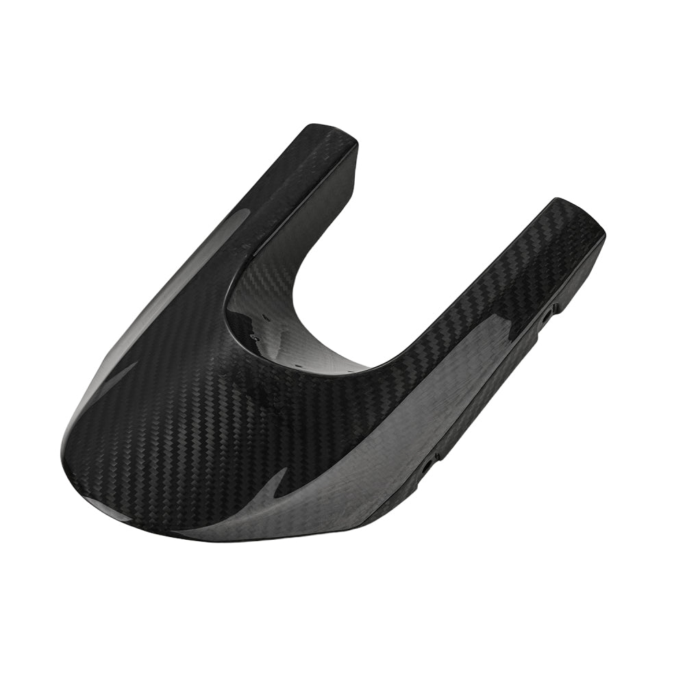 E Ride Pro carbon fiber mud guard, glossy weave, angled view from above showing the U-shaped opening
