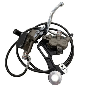 Surron Ultra Bee OEM rear brake assembly with silver lever, master cylinder, black hydraulic hose and rear caliper