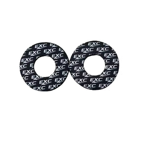 Grip donuts, pair of black rings printed with a repeating white EXC logo on white